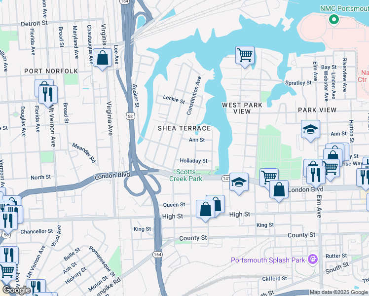 map of restaurants, bars, coffee shops, grocery stores, and more near 243 Constitution Avenue in Portsmouth