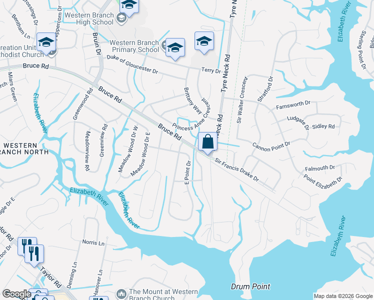 map of restaurants, bars, coffee shops, grocery stores, and more near 2909 Princess Anne Court in Chesapeake