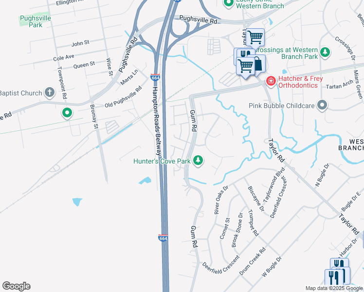 map of restaurants, bars, coffee shops, grocery stores, and more near 4621 Hunting Wood Road in Chesapeake