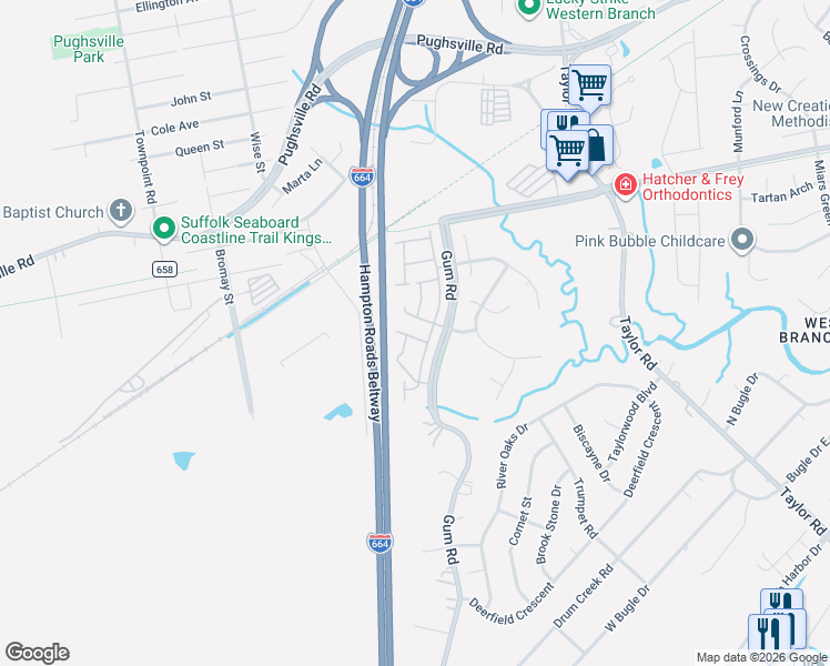 map of restaurants, bars, coffee shops, grocery stores, and more near 4621 Hunting Wood Road in Chesapeake