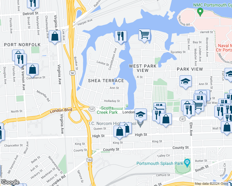 map of restaurants, bars, coffee shops, grocery stores, and more near 1920 Boston Street in Portsmouth