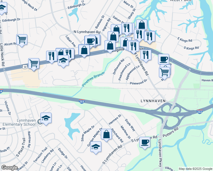 map of restaurants, bars, coffee shops, grocery stores, and more near 3004 Pinewood Drive in Virginia Beach