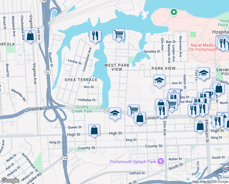 map of restaurants, bars, coffee shops, grocery stores, and more near 1711 Bain Street in Portsmouth