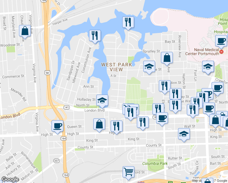 map of restaurants, bars, coffee shops, grocery stores, and more near 1711 Bain Street in Portsmouth