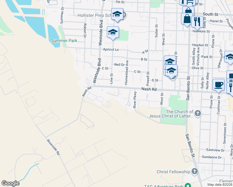 map of restaurants, bars, coffee shops, grocery stores, and more near 881 Nash Road in Hollister