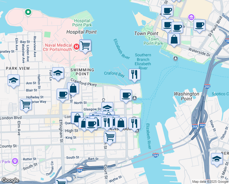 map of restaurants, bars, coffee shops, grocery stores, and more near 1005 Crawford Parkway in Portsmouth