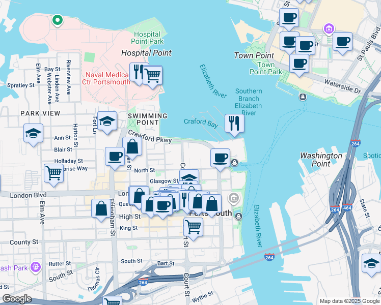 map of restaurants, bars, coffee shops, grocery stores, and more near 139 Crawford Parkway in Portsmouth