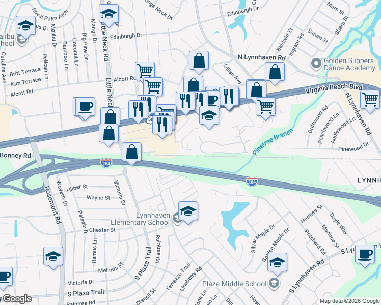 map of restaurants, bars, coffee shops, grocery stores, and more near 206 Rosegate Place in Virginia Beach