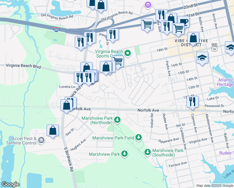 map of restaurants, bars, coffee shops, grocery stores, and more near 226 Birch Lake Road in Virginia Beach