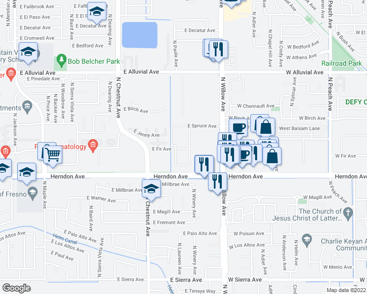 map of restaurants, bars, coffee shops, grocery stores, and more near 3206 Herndon Avenue in Fresno