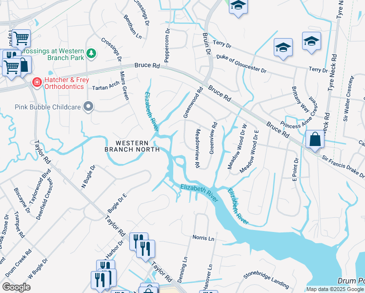 map of restaurants, bars, coffee shops, grocery stores, and more near 2820 Meadowgreen Court in Chesapeake
