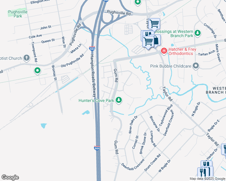 map of restaurants, bars, coffee shops, grocery stores, and more near 2949 Big Bend Drive in Chesapeake