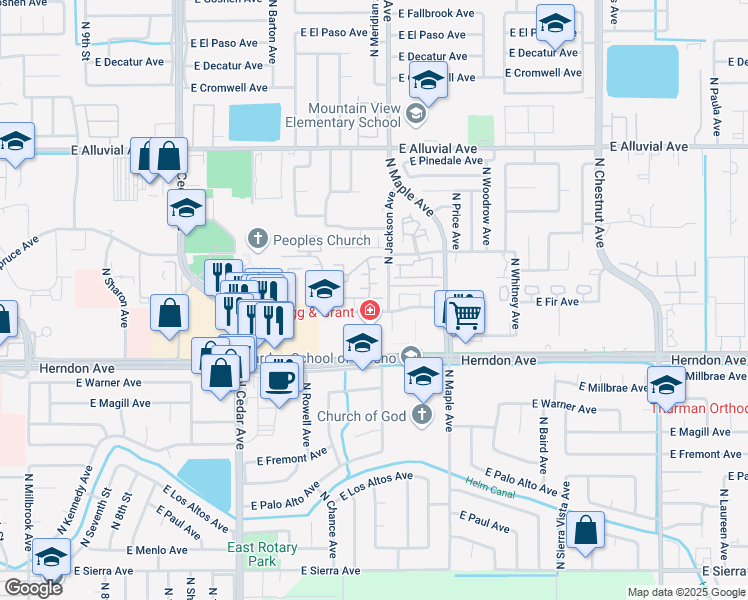 map of restaurants, bars, coffee shops, grocery stores, and more near 1874 East Fir Avenue in Fresno