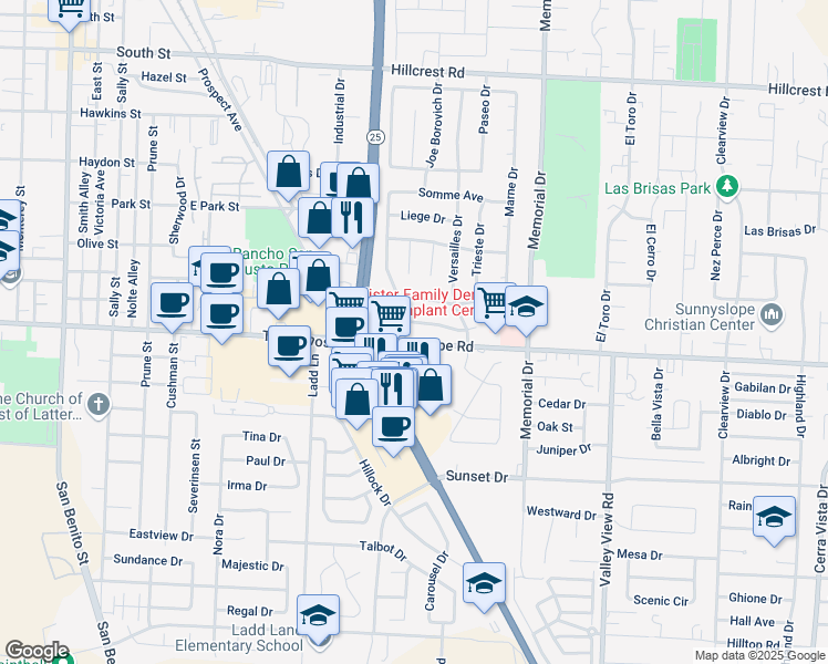 map of restaurants, bars, coffee shops, grocery stores, and more near 650 Calais Drive in Hollister