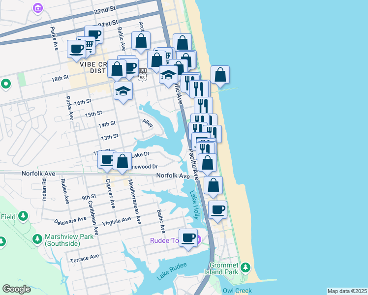 map of restaurants, bars, coffee shops, grocery stores, and more near 1112 Pacific Avenue in Virginia Beach
