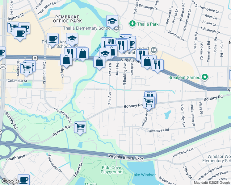 map of restaurants, bars, coffee shops, grocery stores, and more near 100 North Fir Avenue in Virginia Beach