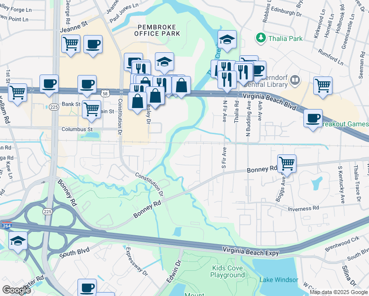 map of restaurants, bars, coffee shops, grocery stores, and more near 433 Southern Boulevard in Virginia Beach
