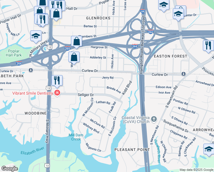 map of restaurants, bars, coffee shops, grocery stores, and more near 110 Lydia Avenue in Norfolk