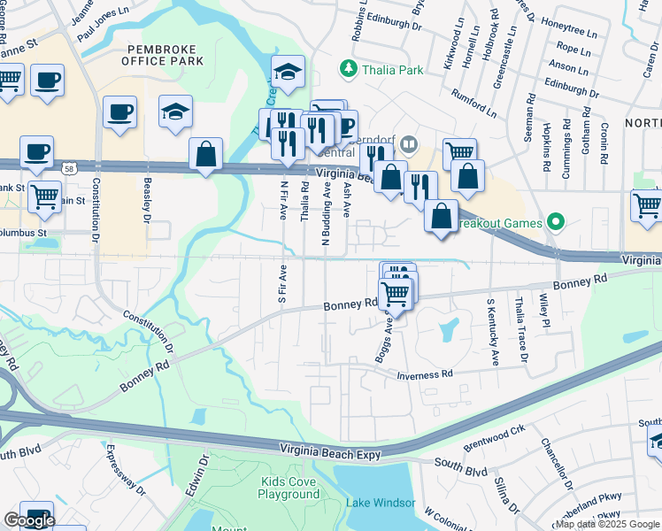 map of restaurants, bars, coffee shops, grocery stores, and more near 100 South Budding Avenue in Virginia Beach