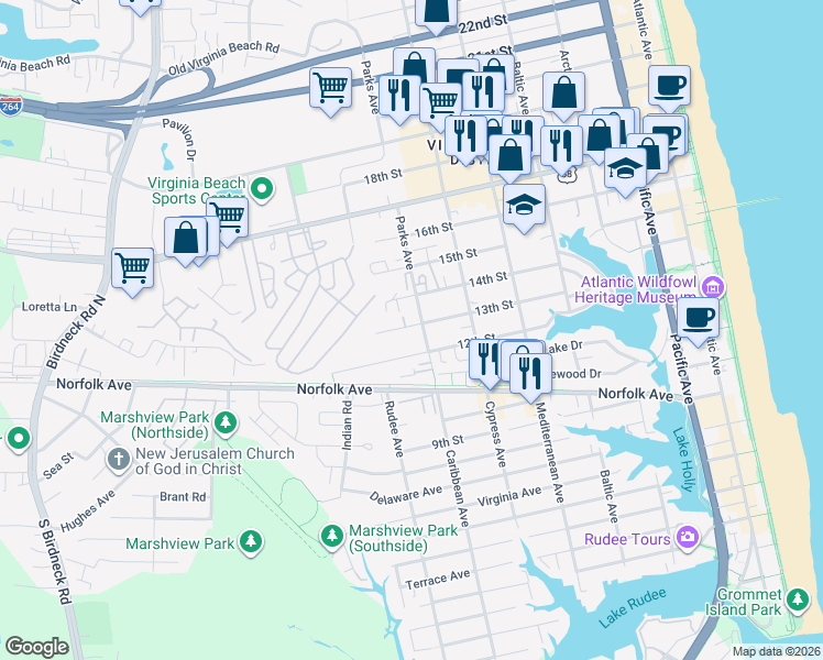 map of restaurants, bars, coffee shops, grocery stores, and more near 1300 Parks Avenue in Virginia Beach