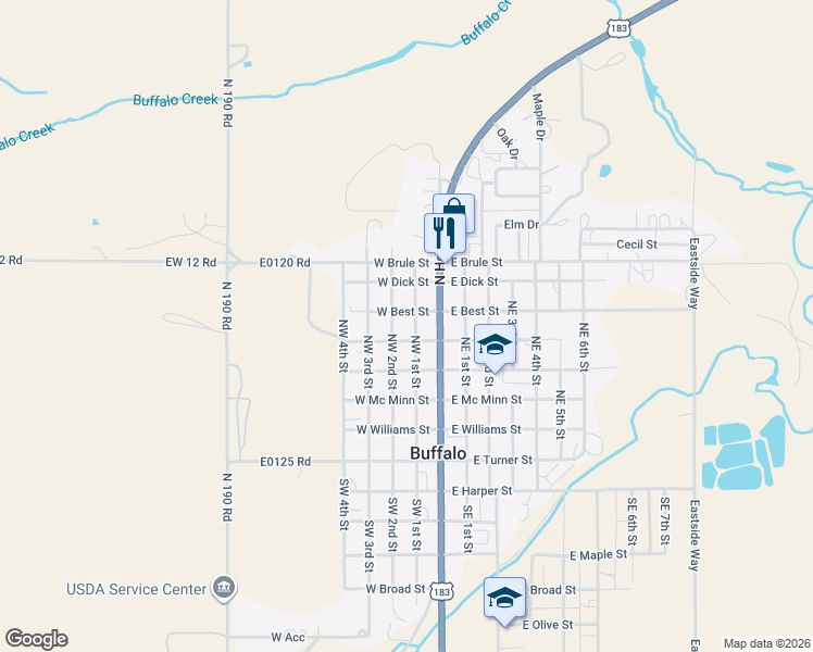 map of restaurants, bars, coffee shops, grocery stores, and more near 518 Northwest 1st Street in Buffalo