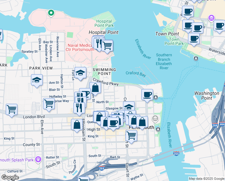 map of restaurants, bars, coffee shops, grocery stores, and more near 310 Dinwiddie Street in Portsmouth
