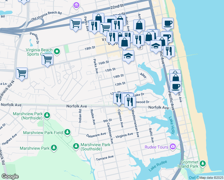 map of restaurants, bars, coffee shops, grocery stores, and more near 1206 Cypress Avenue in Virginia Beach