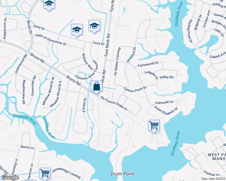 map of restaurants, bars, coffee shops, grocery stores, and more near 3800 Sir Thomas Court in Chesapeake