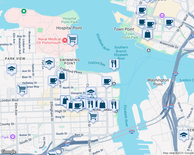map of restaurants, bars, coffee shops, grocery stores, and more near 706 Crawford Parkway in Portsmouth