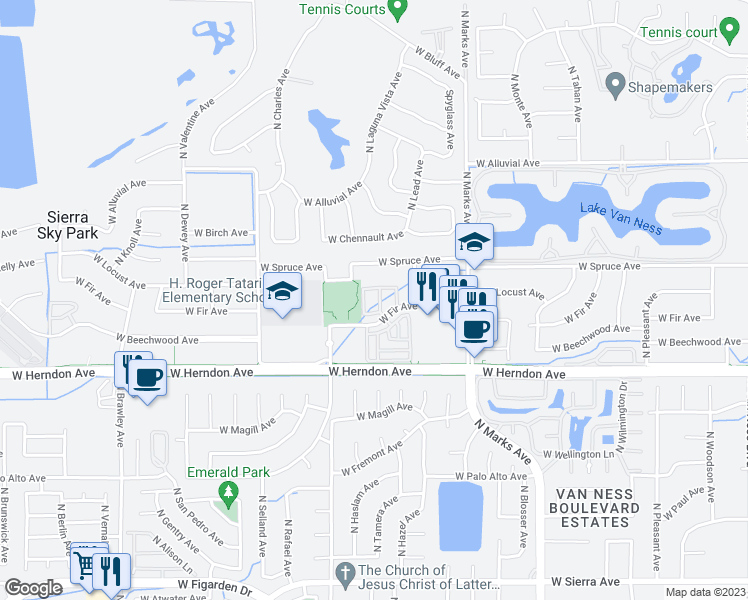 map of restaurants, bars, coffee shops, grocery stores, and more near 7133 North Fusion Drive in Fresno
