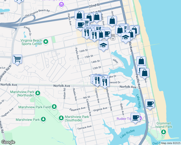 map of restaurants, bars, coffee shops, grocery stores, and more near in Virginia Beach