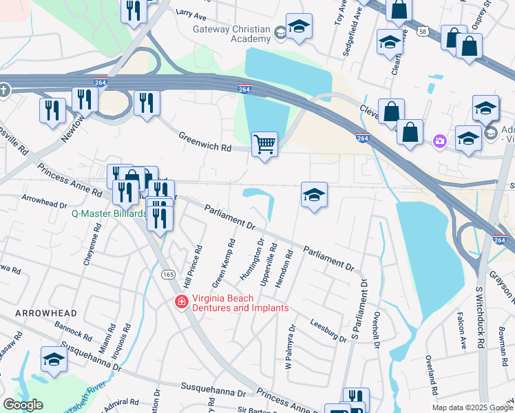 map of restaurants, bars, coffee shops, grocery stores, and more near 132 Loflin Way in Virginia Beach