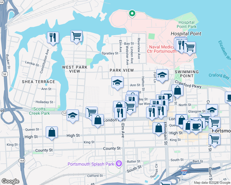 map of restaurants, bars, coffee shops, grocery stores, and more near 260 Elm Avenue in Portsmouth