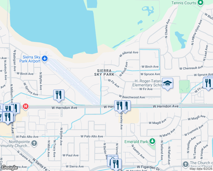 map of restaurants, bars, coffee shops, grocery stores, and more near 3909 West Fir Avenue in Fresno