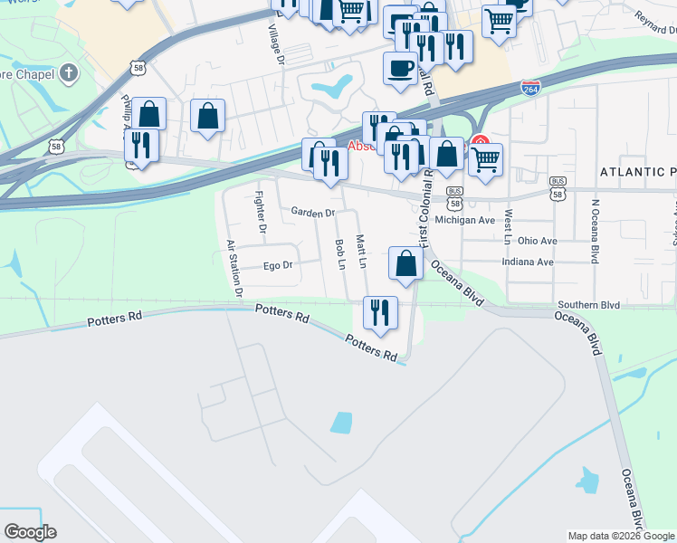 map of restaurants, bars, coffee shops, grocery stores, and more near 122 Lavergne Lane in Virginia Beach