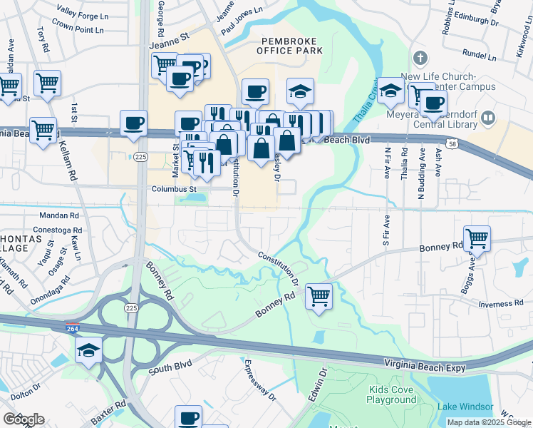 map of restaurants, bars, coffee shops, grocery stores, and more near 4406 Segovia Court in Virginia Beach
