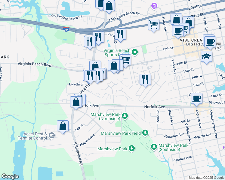 map of restaurants, bars, coffee shops, grocery stores, and more near 1005 Birch Lake Crescent in Virginia Beach