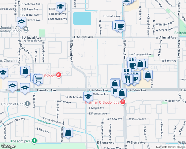 map of restaurants, bars, coffee shops, grocery stores, and more near 2688 East Sean Avenue in Fresno