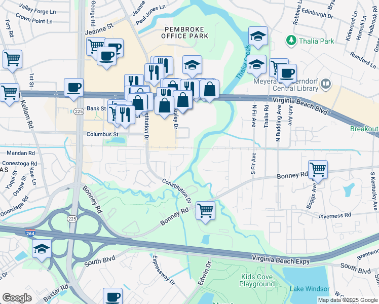map of restaurants, bars, coffee shops, grocery stores, and more near 4410 Segovia Court in Virginia Beach