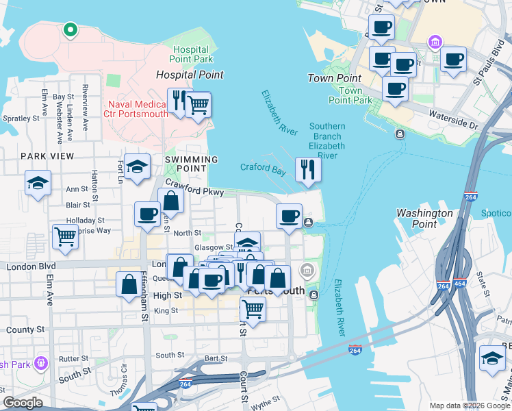 map of restaurants, bars, coffee shops, grocery stores, and more near in Portsmouth