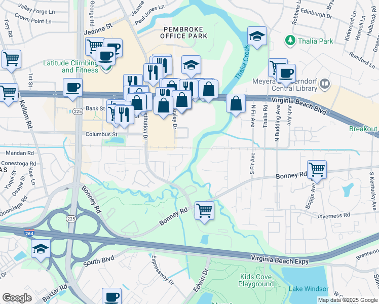 map of restaurants, bars, coffee shops, grocery stores, and more near 4406 Segovia Court in Virginia Beach