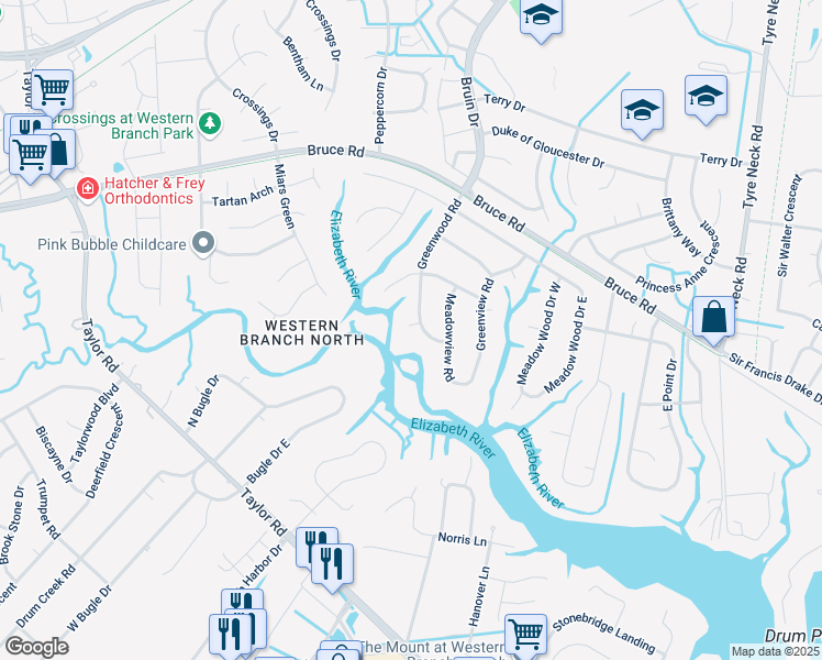 map of restaurants, bars, coffee shops, grocery stores, and more near 2820 Meadowgreen Court in Chesapeake