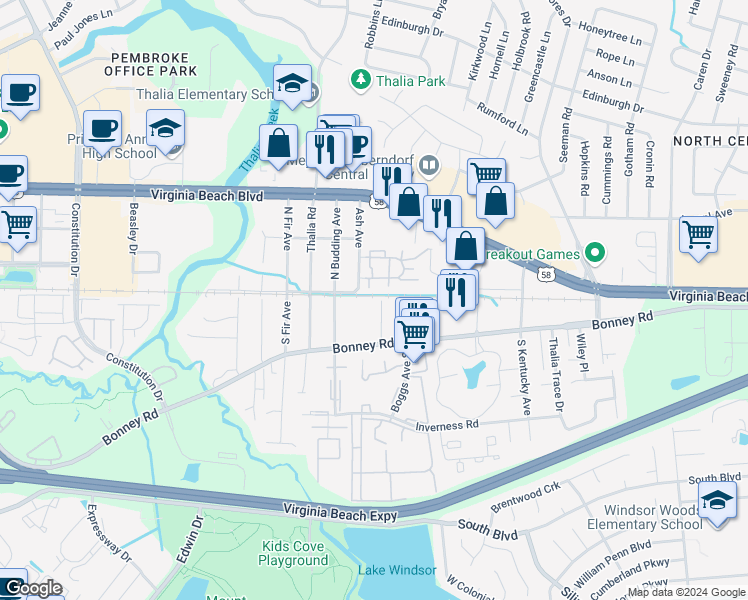 map of restaurants, bars, coffee shops, grocery stores, and more near 101 South Corwood Avenue in Virginia Beach