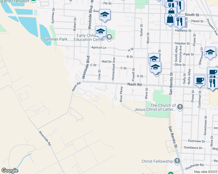 map of restaurants, bars, coffee shops, grocery stores, and more near 777 Nash Road in Hollister