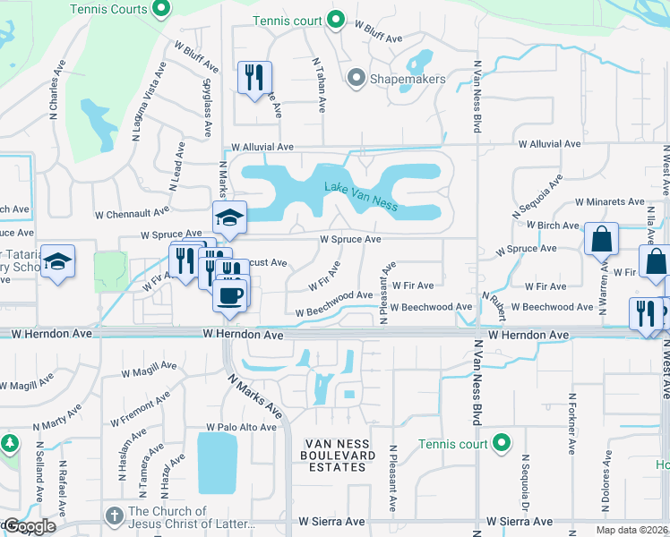 map of restaurants, bars, coffee shops, grocery stores, and more near West Fir Avenue in Fresno