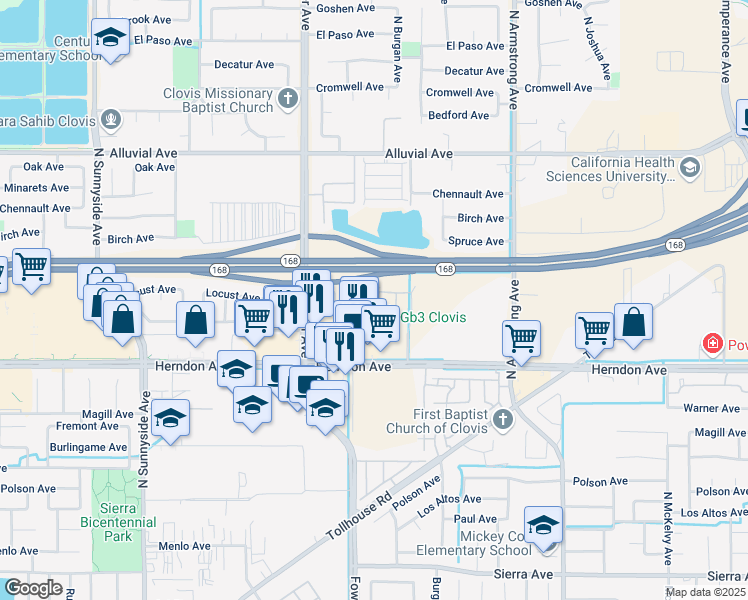 map of restaurants, bars, coffee shops, grocery stores, and more near 641 North Fowler Avenue in Clovis