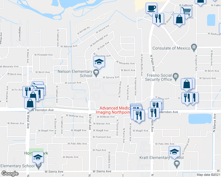 map of restaurants, bars, coffee shops, grocery stores, and more near 1233 West Spruce Avenue in Fresno