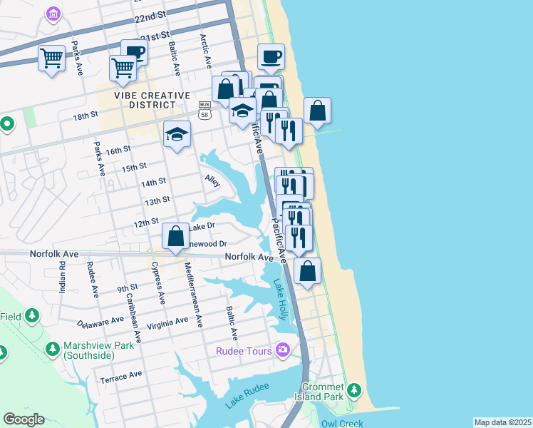 map of restaurants, bars, coffee shops, grocery stores, and more near 1112 Pacific Avenue in Virginia Beach