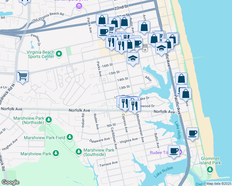 map of restaurants, bars, coffee shops, grocery stores, and more near in Virginia Beach