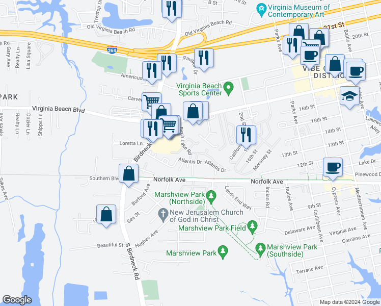 map of restaurants, bars, coffee shops, grocery stores, and more near 1005 Birch Lake Crescent in Virginia Beach